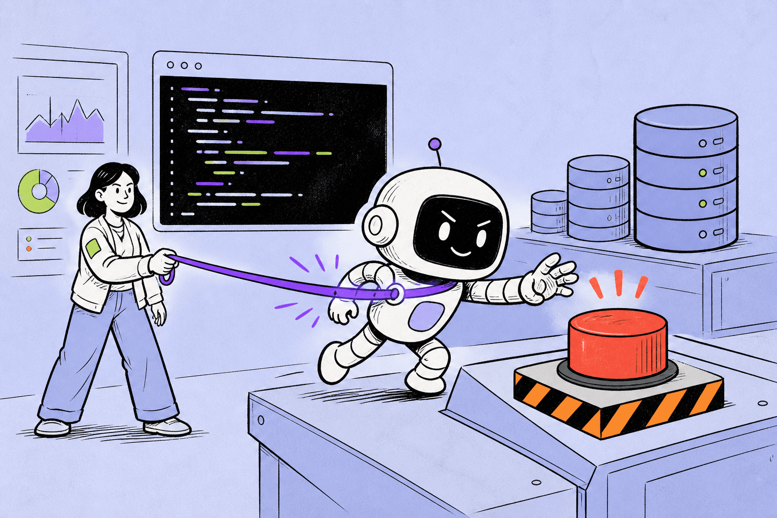 Editorial sketch of a person using a safety leash to stop an AI agent from pressing a destructive database control
