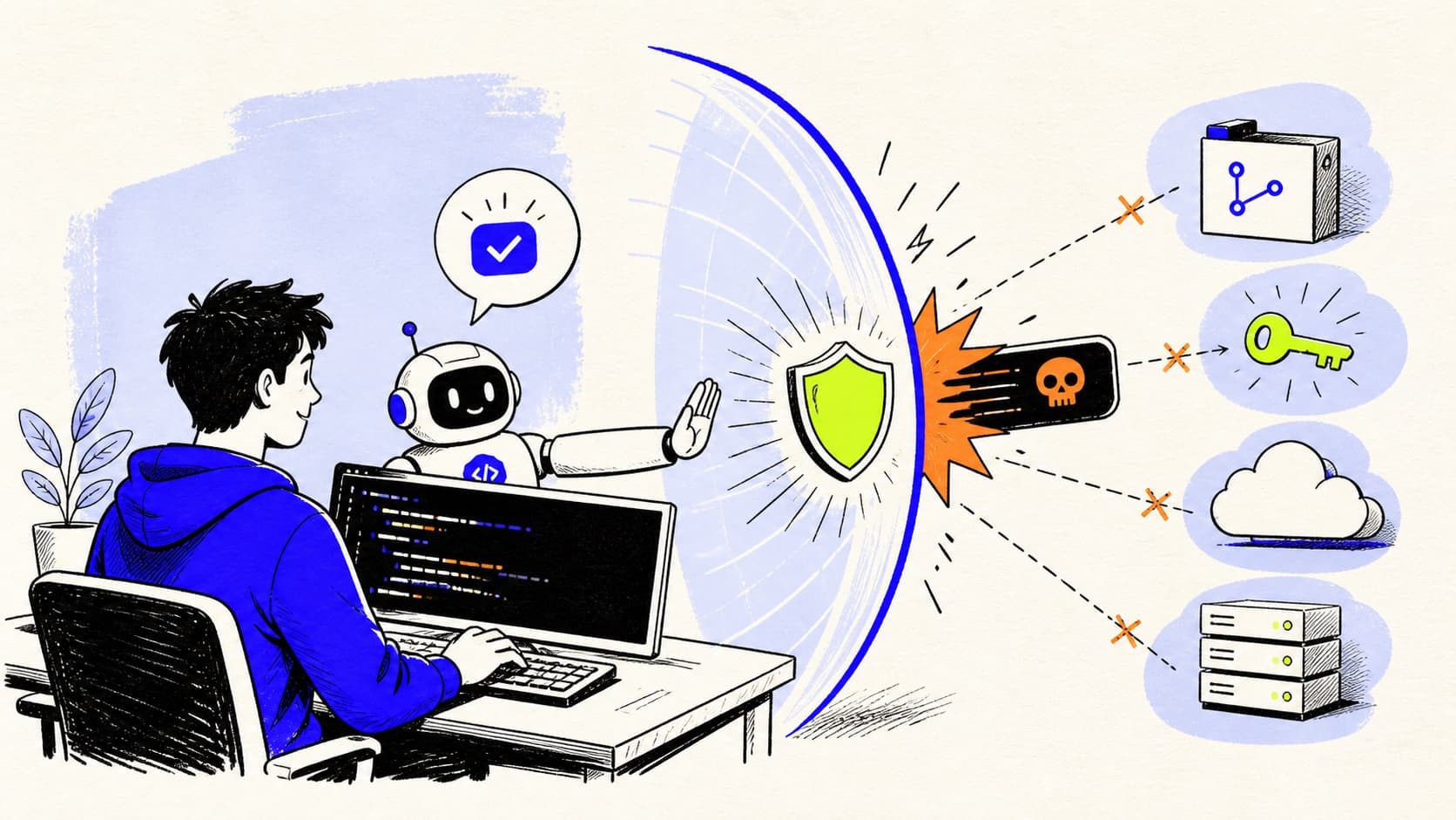 A coding agent command being stopped by a protective barrier before reaching code and data