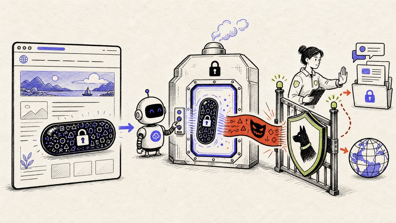 Editorial illustration of an encrypted prompt becoming a malicious instruction inside an AI code runtime before a Leash security gate blocks it