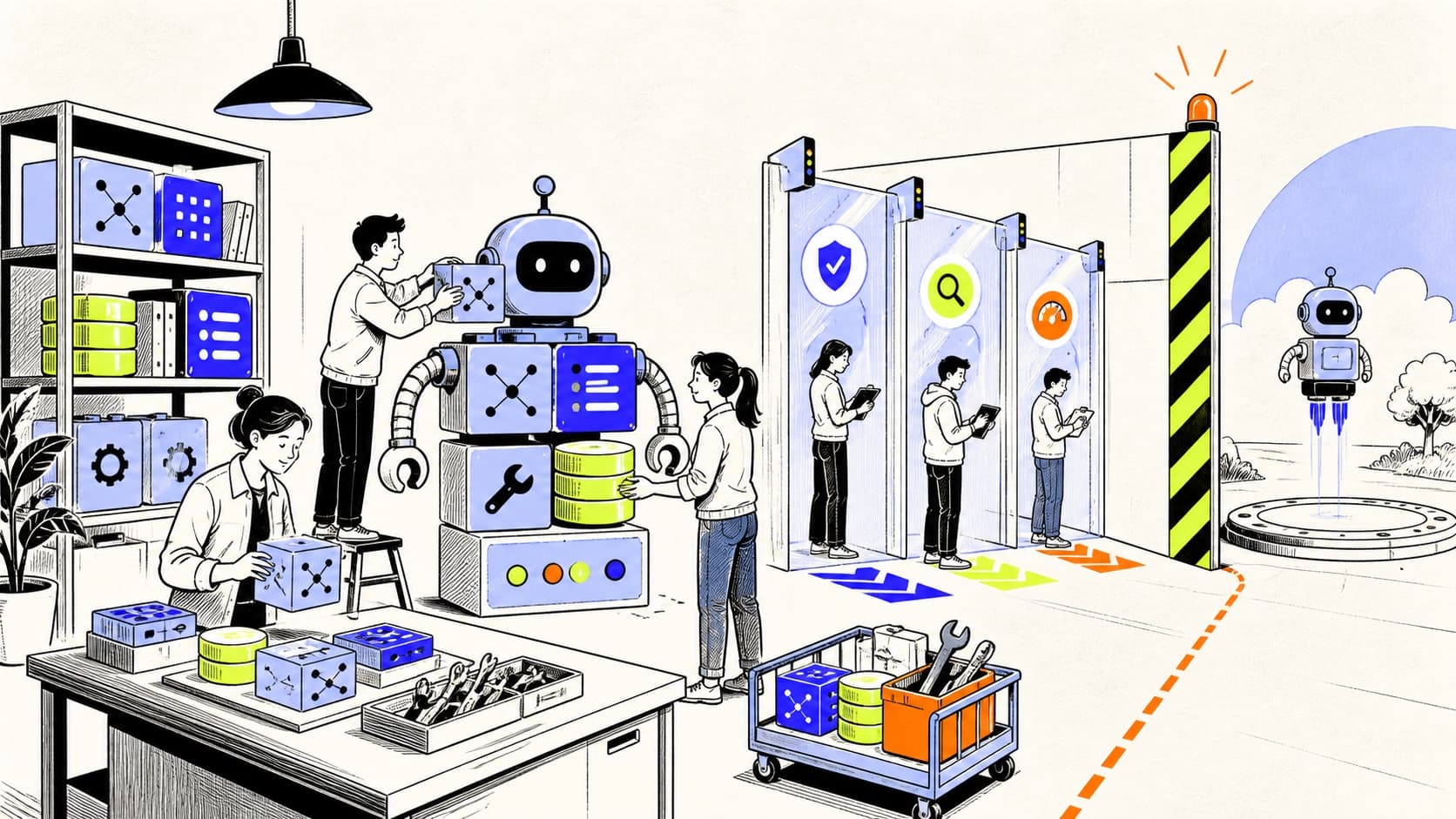 A modular homegrown AI agent assembled from tools and data inside a protective safety ring