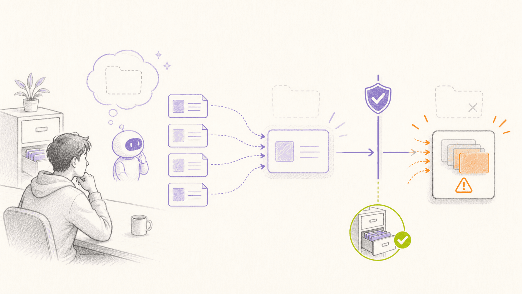 Editorial sketch of multiple files converging on one missing destination until a validation gate stops the overwrite