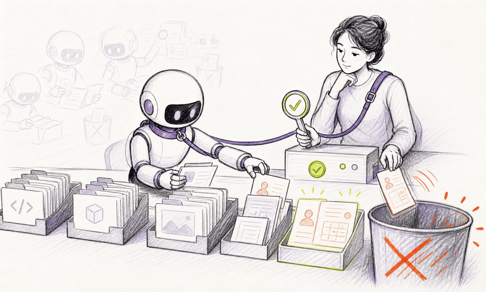 Editorial sketch of an agent sorting human-created files while a person controls the discard decision
