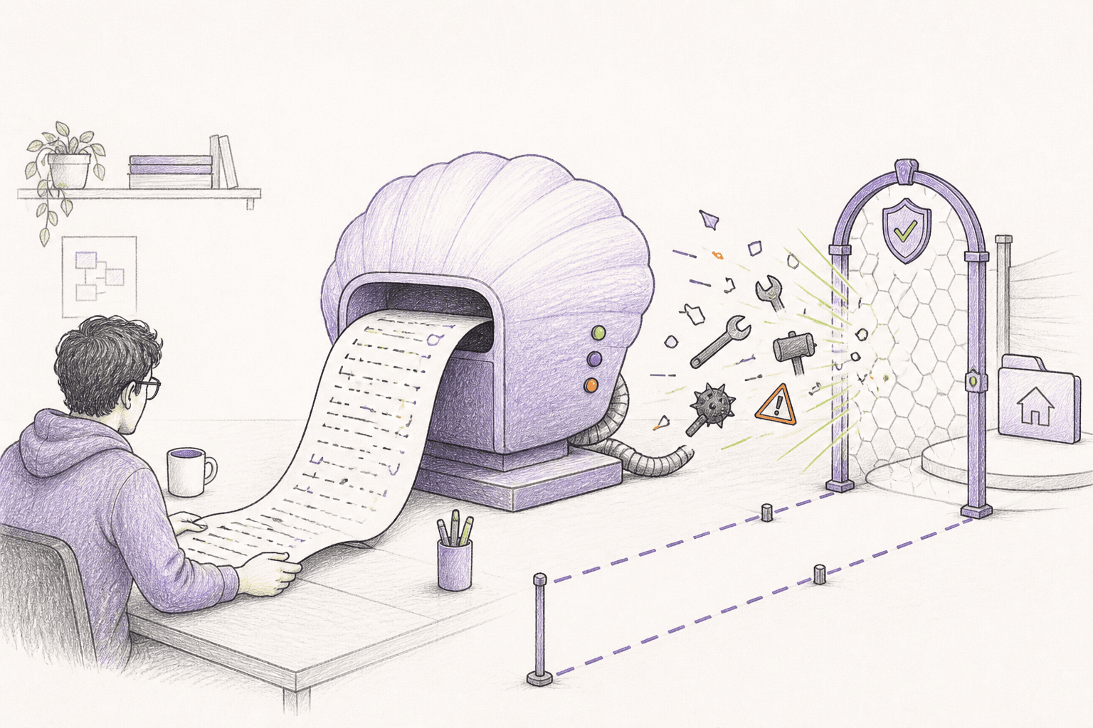 Editorial sketch of a session log turning into executable tools and being stopped at a safety gate