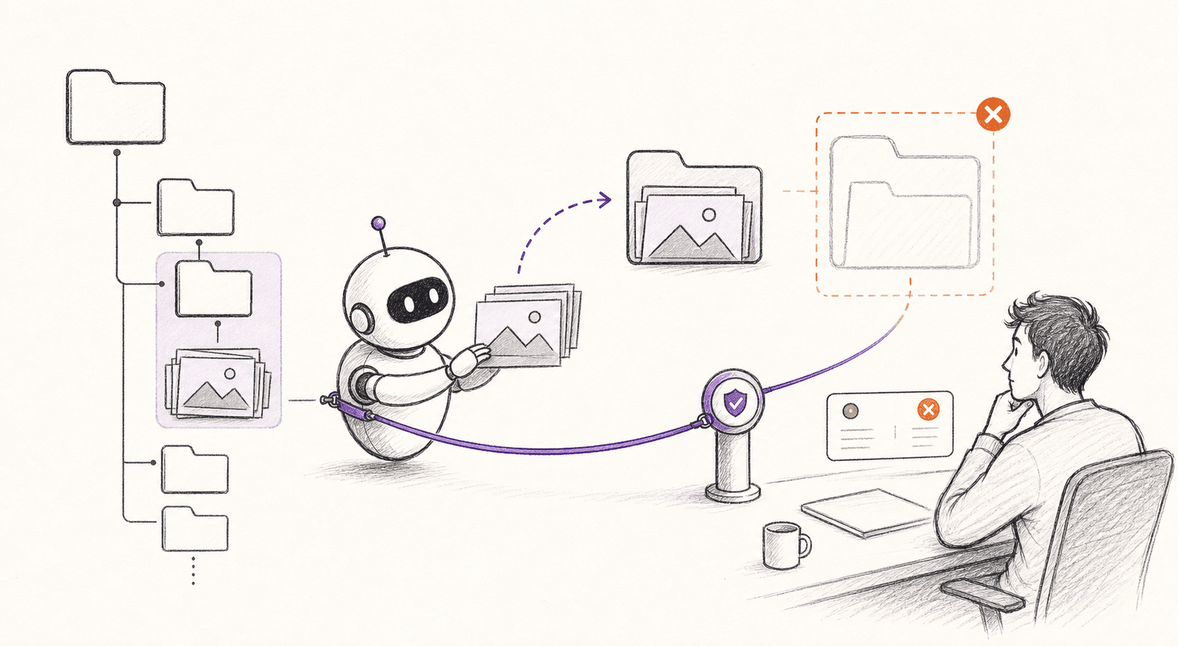 Editorial sketch of image files moved into a nested archive while a safety leash stops deletion of the parent folder