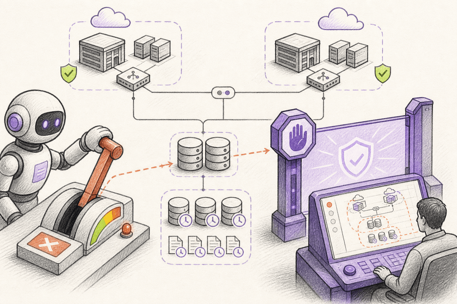 Editorial sketch of shared cloud infrastructure and backups protected from a destroy lever by an approval gate