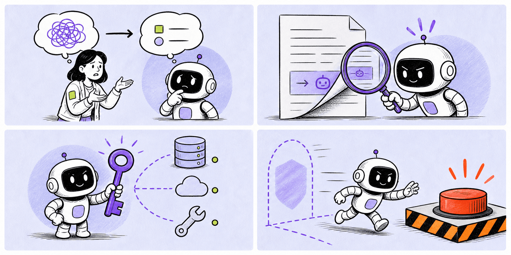 Four-panel editorial comic showing misunderstanding, hidden instructions, excessive access, and a missing approval gate