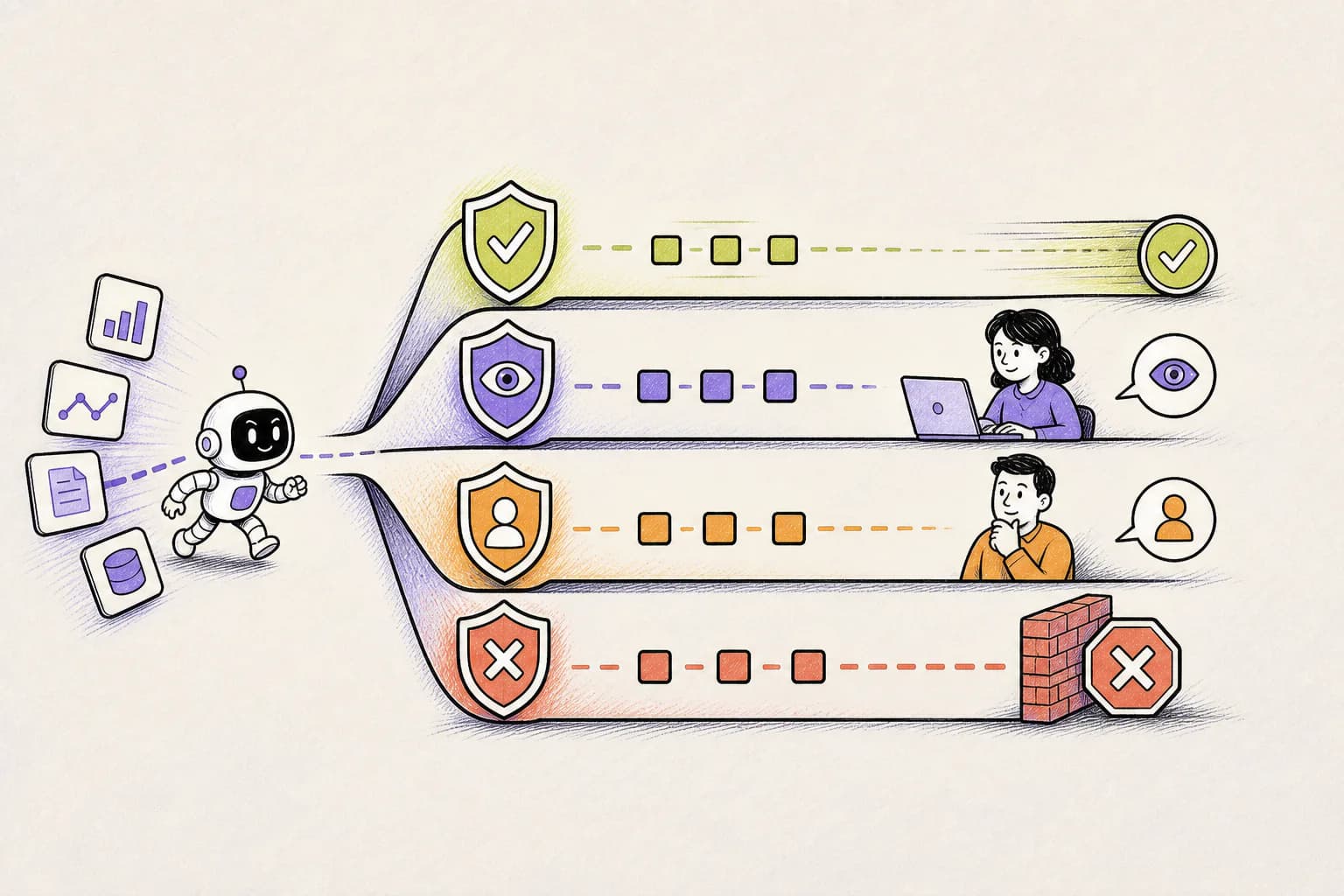 AI agent actions flowing through graduated safety lanes for allow, review, approval, and block