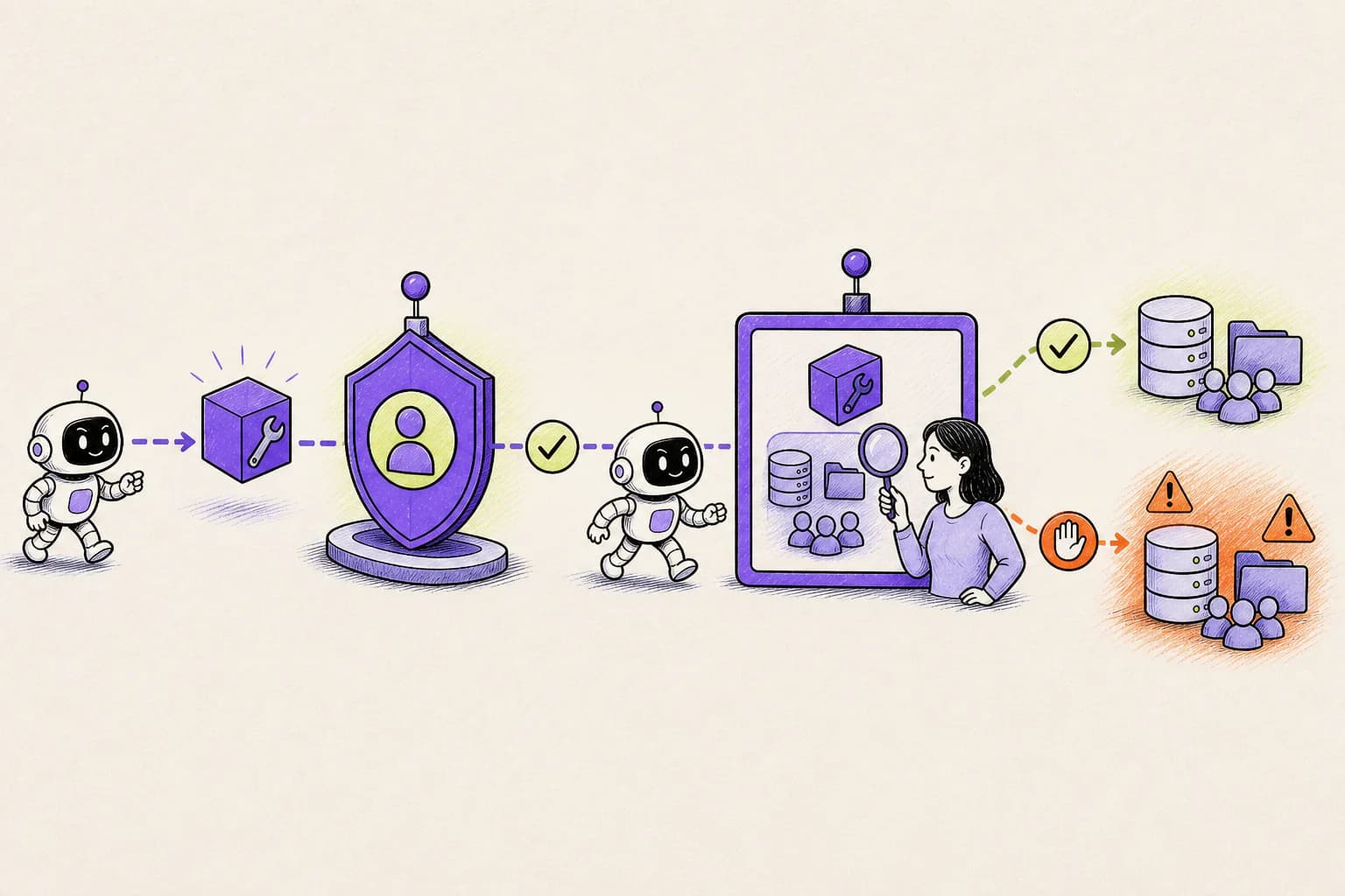 An authorized AI agent reaching a second checkpoint that reviews the consequence of a tool action