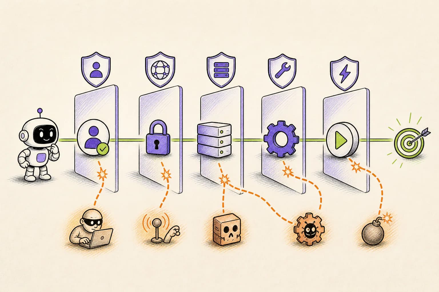 An MCP connection broken into identity, transport, server, tool, and action security layers