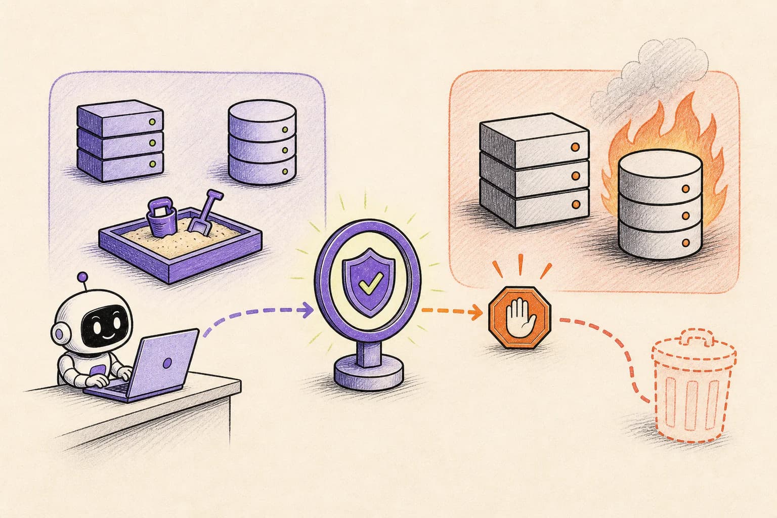 A Leash checkpoint separating a staging task from a destructive production database request