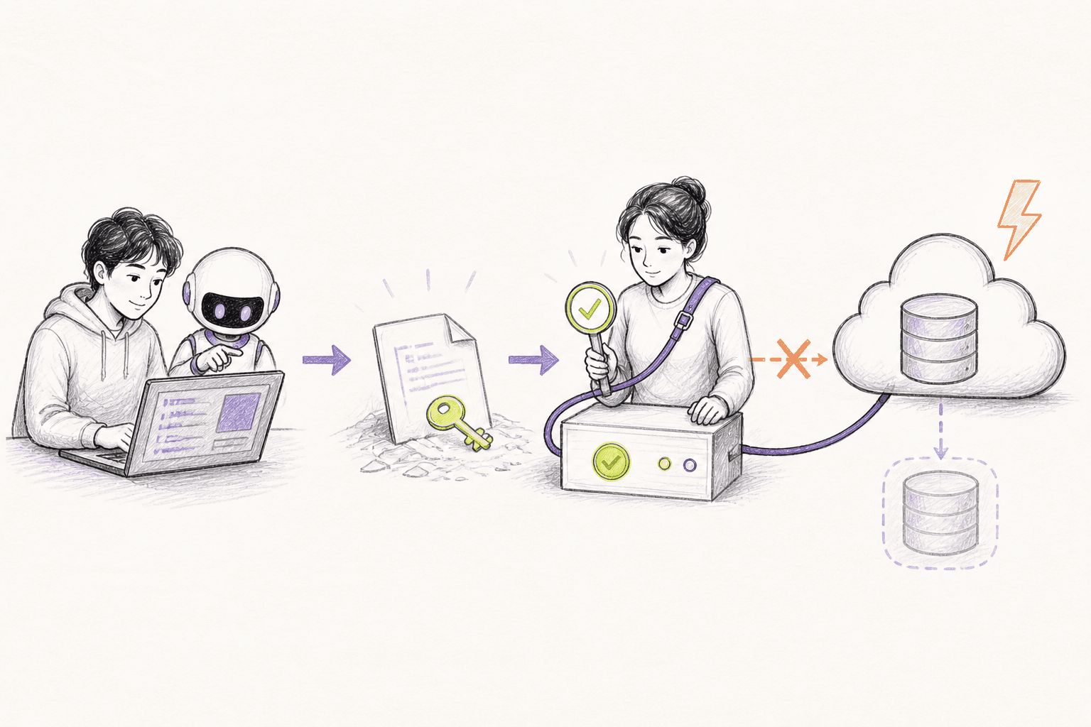 A developer task leading from a local token toward a production database, with Leash stopping the destructive cloud action