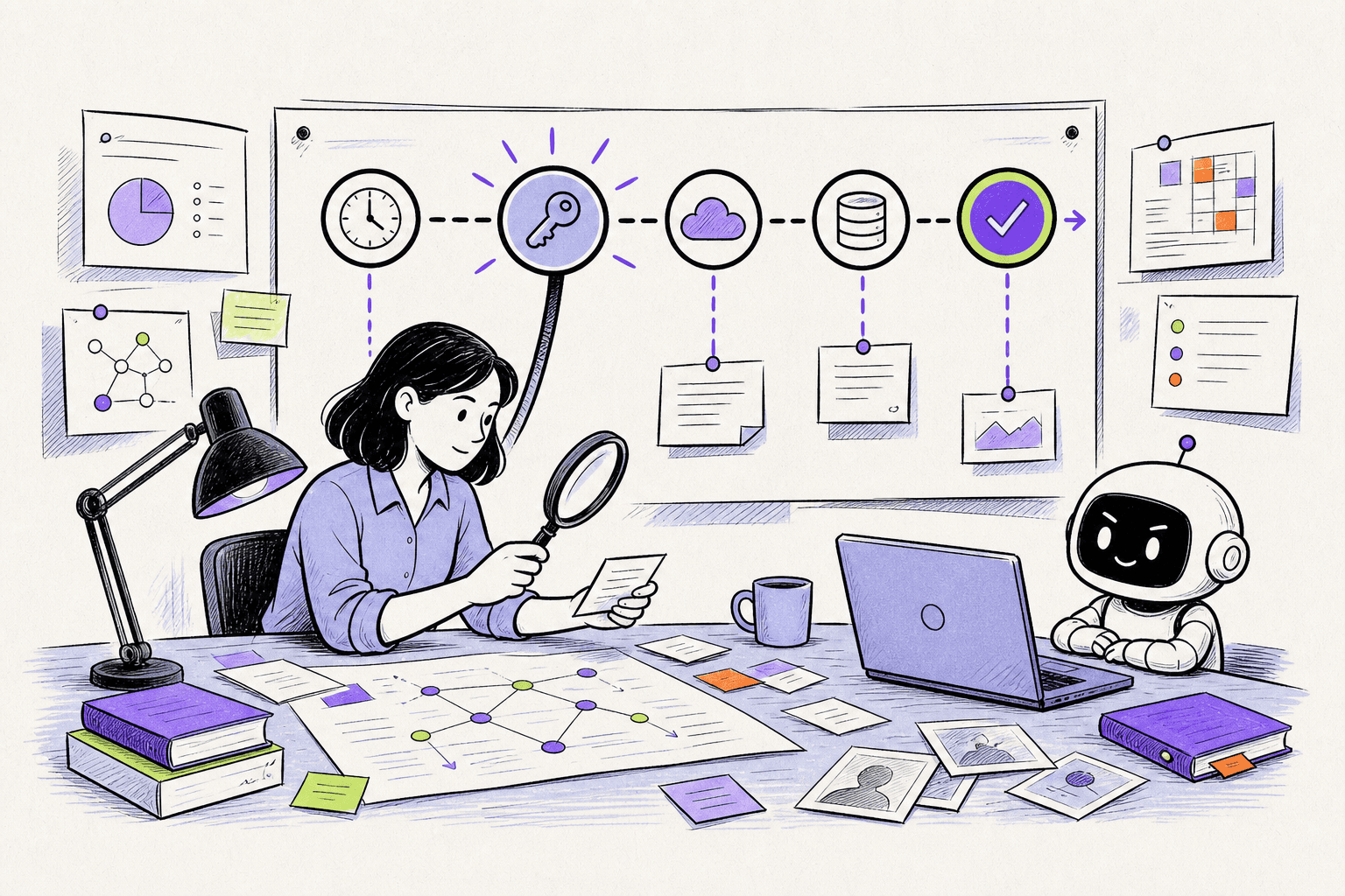 Editorial sketch of a reporter tracing timestamps, permissions, cloud activity, and database records around an AI agent incident