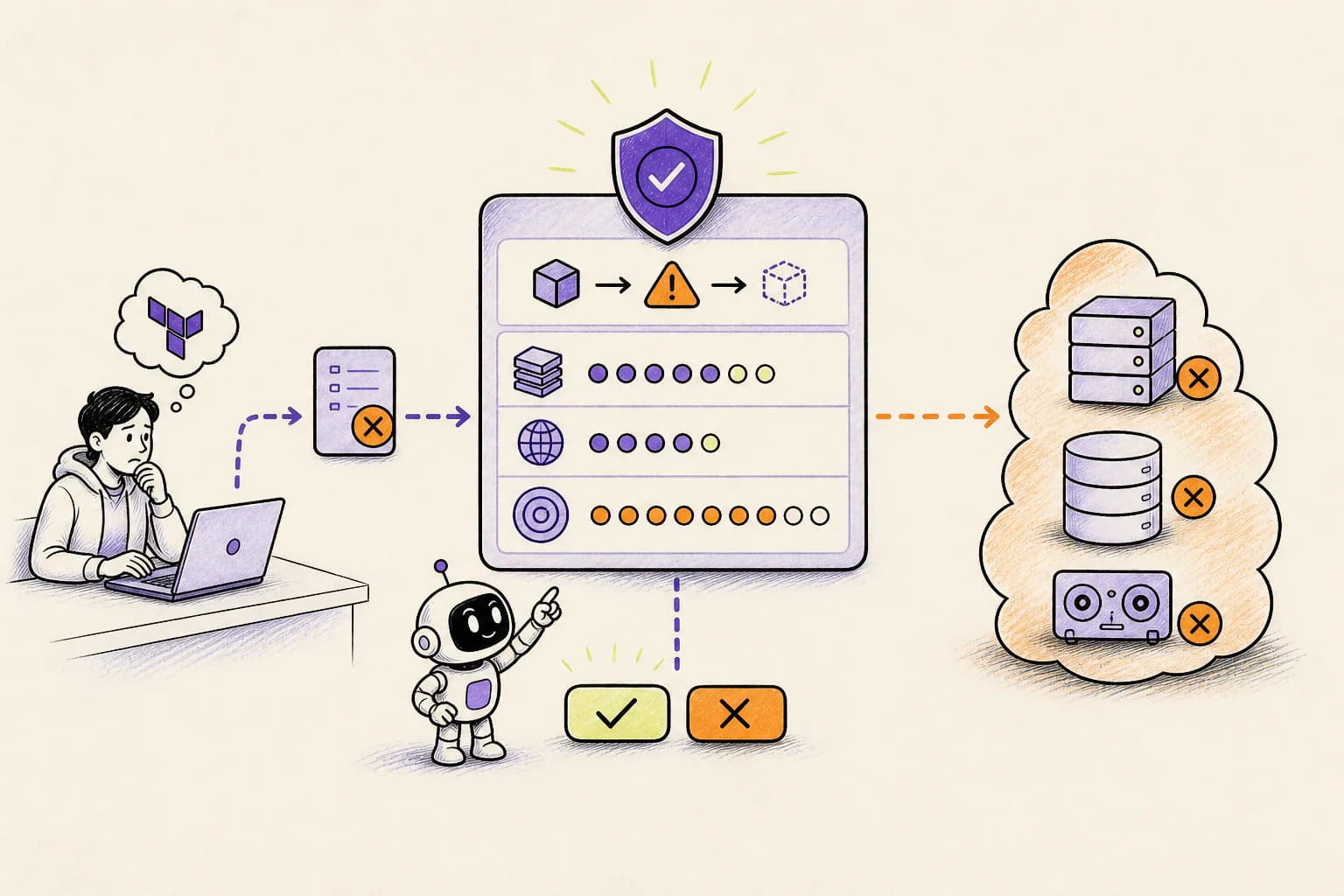 A Leash checkpoint reviewing a Terraform plan before it destroys production servers, data, and backups