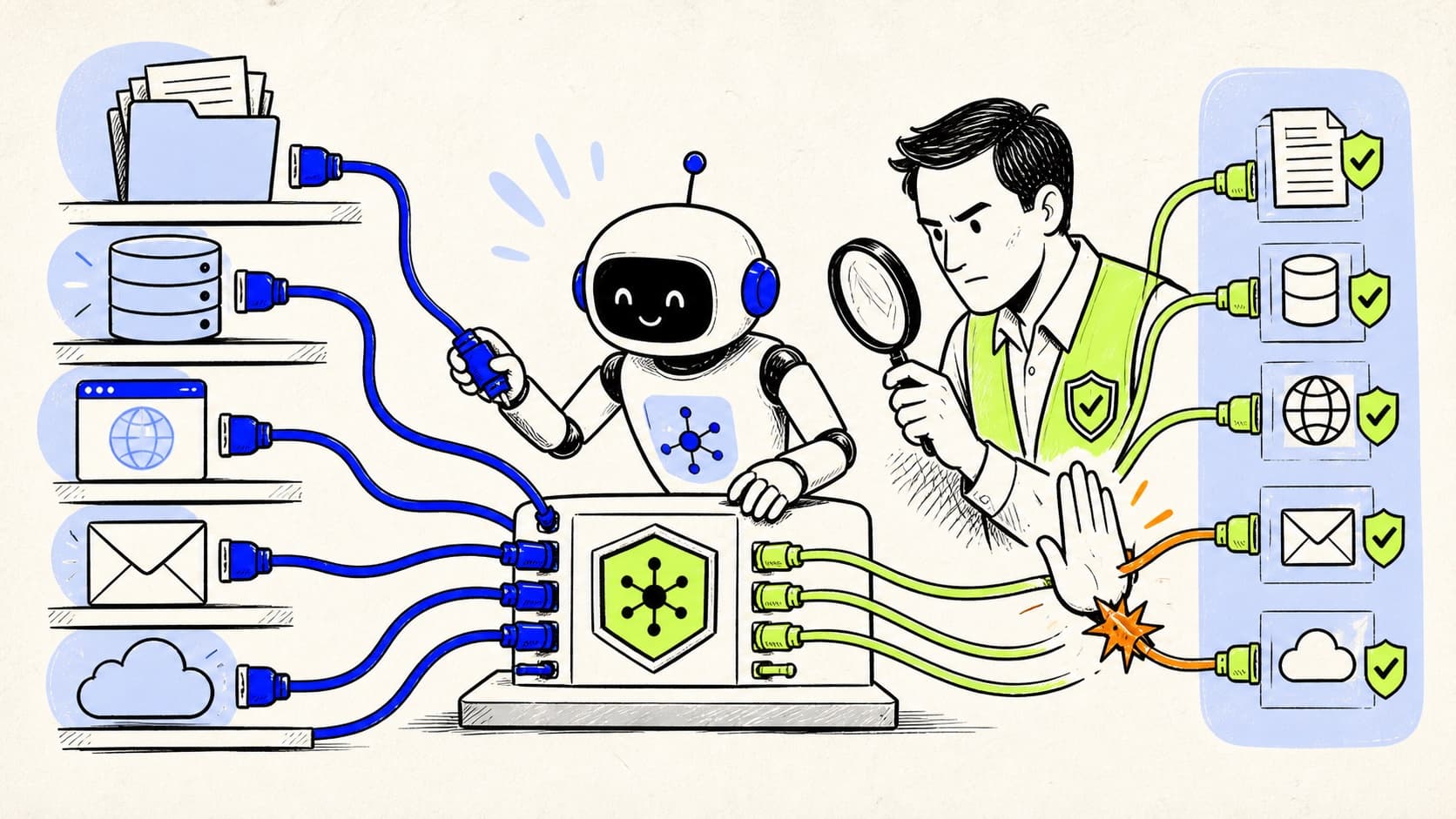 An AI agent connected to files, email, cloud, databases, and payments with one unsafe connector blocked