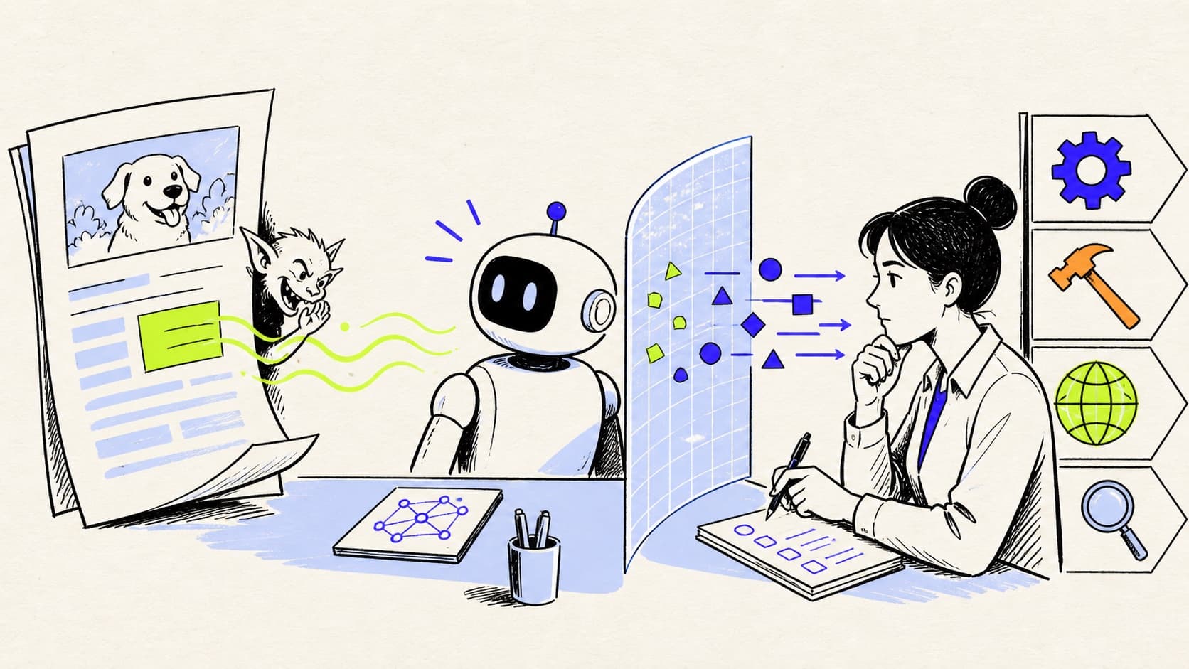 A hidden malicious instruction traveling from a document through an AI agent and being stopped before protected systems
