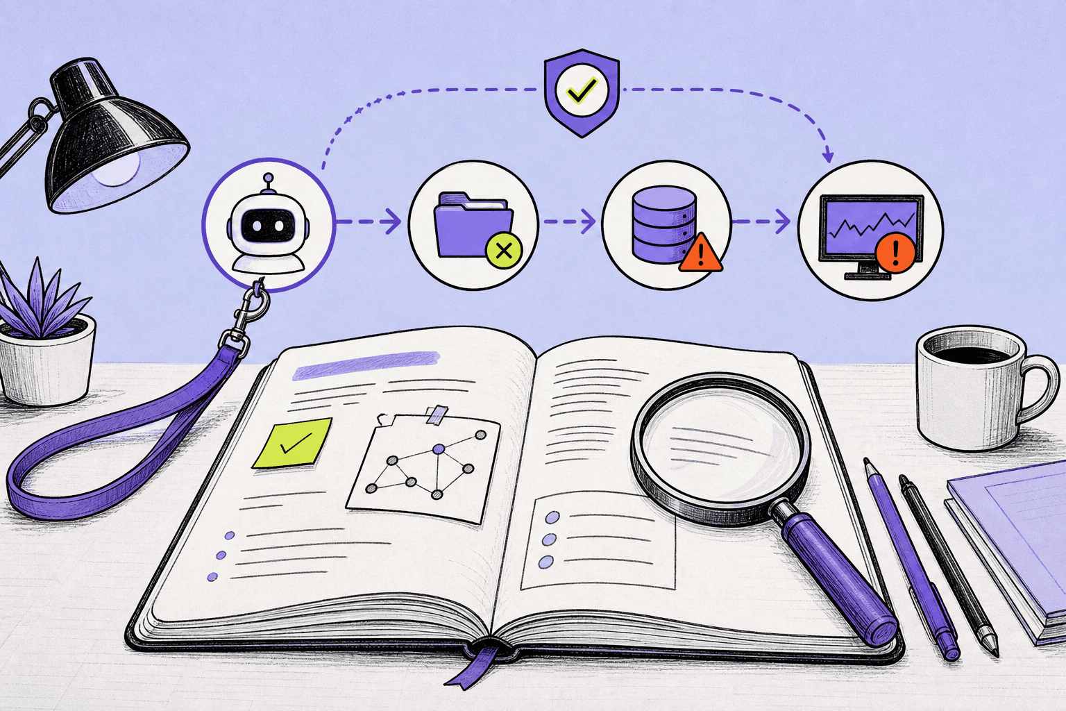 Editorial sketch of a reporter's notebook and magnifying glass tracing an AI agent incident from files to a database