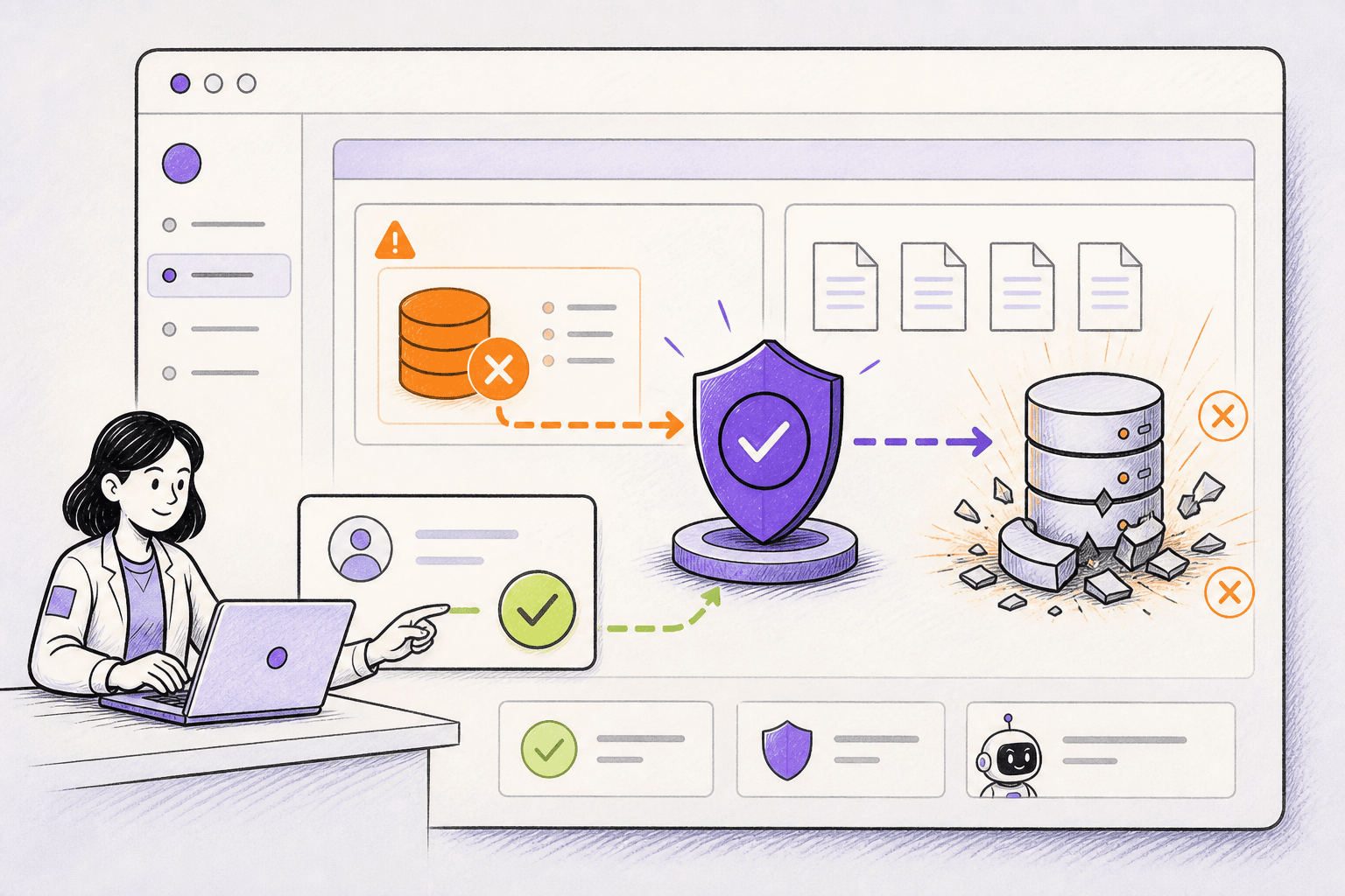Hand-drawn scene of Leash stopping a destructive database action before it runs