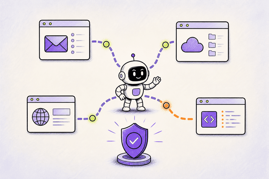 Hand-drawn scene of an AI agent connected to email, cloud storage, a browser, and code services