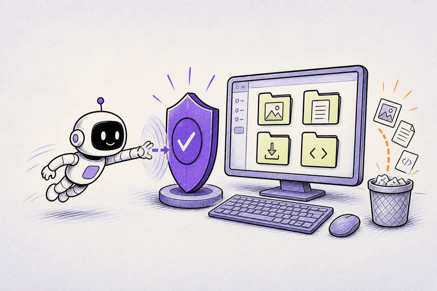 Hand-drawn scene of Leash stopping an AI agent before it changes or deletes personal files