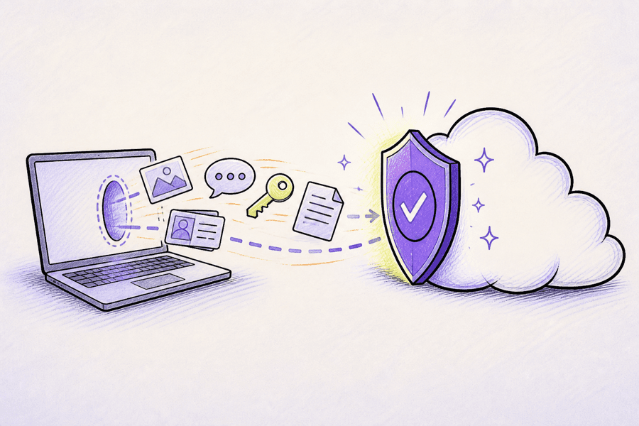Hand-drawn scene of Leash keeping personal information from leaving a laptop
