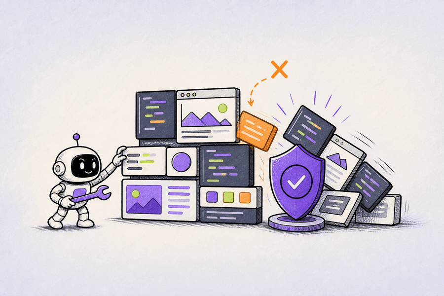Hand-drawn scene of Leash stopping an AI agent from breaking an app project