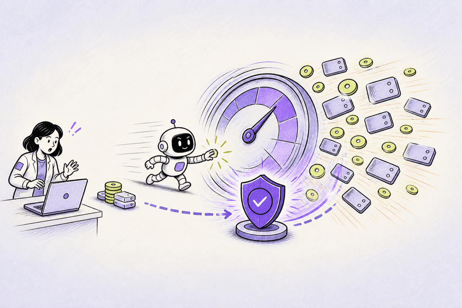 Hand-drawn scene of Leash slowing an AI agent before automated spending runs away