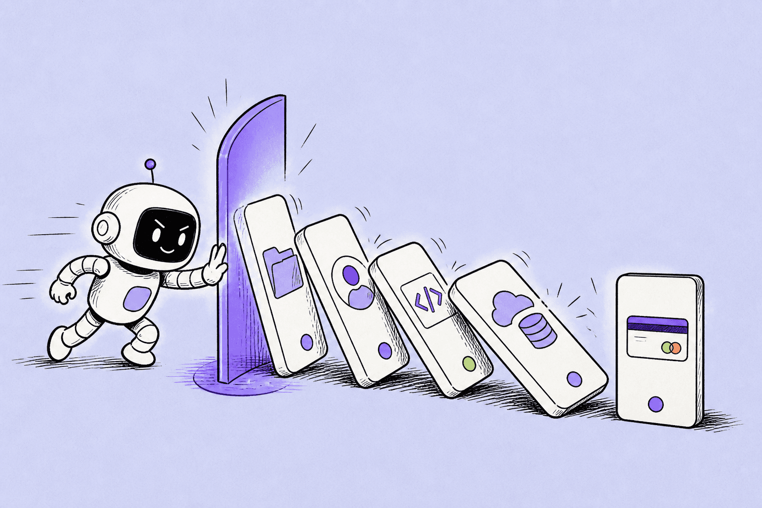 Editorial sketch of an AI agent stopping a cascade across files, accounts, code, cloud data, and payments