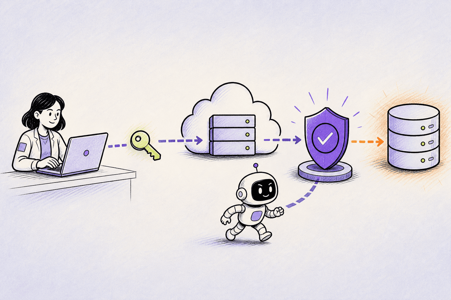 Editorial sketch showing a developer key connecting cloud access to a live database through an independent safety checkpoint