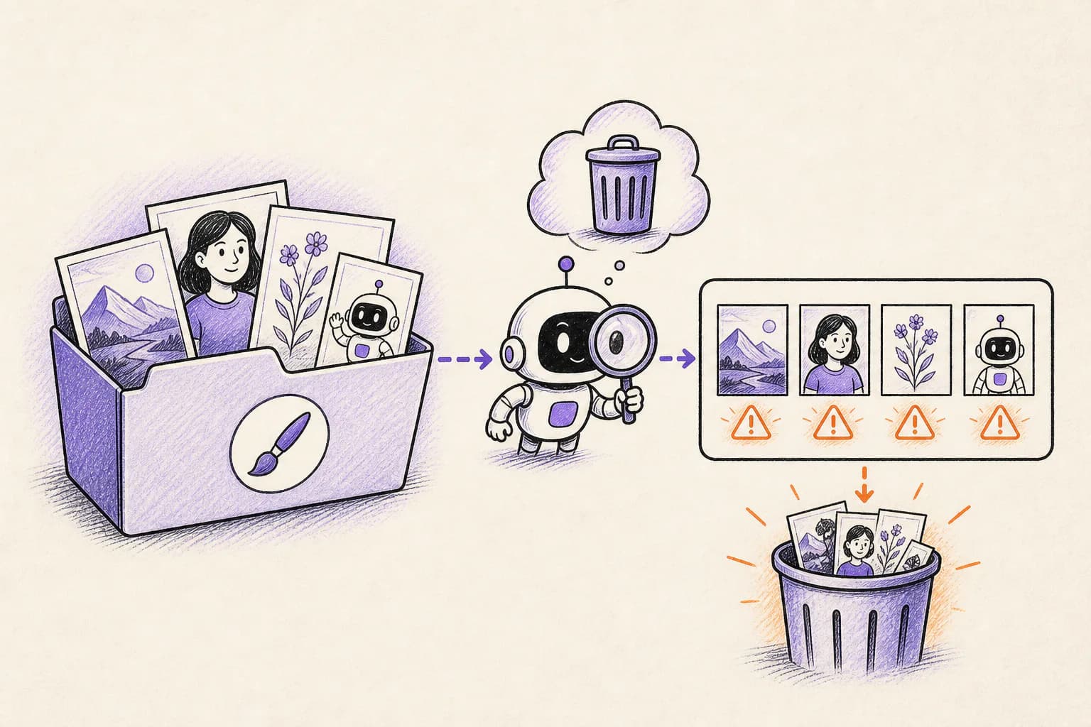 An AI cleanup task mistaking a folder of original artwork for disposable generated files