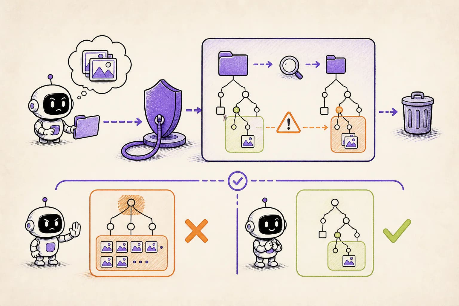 A Leash checkpoint comparing child and parent paths before allowing recursive deletion
