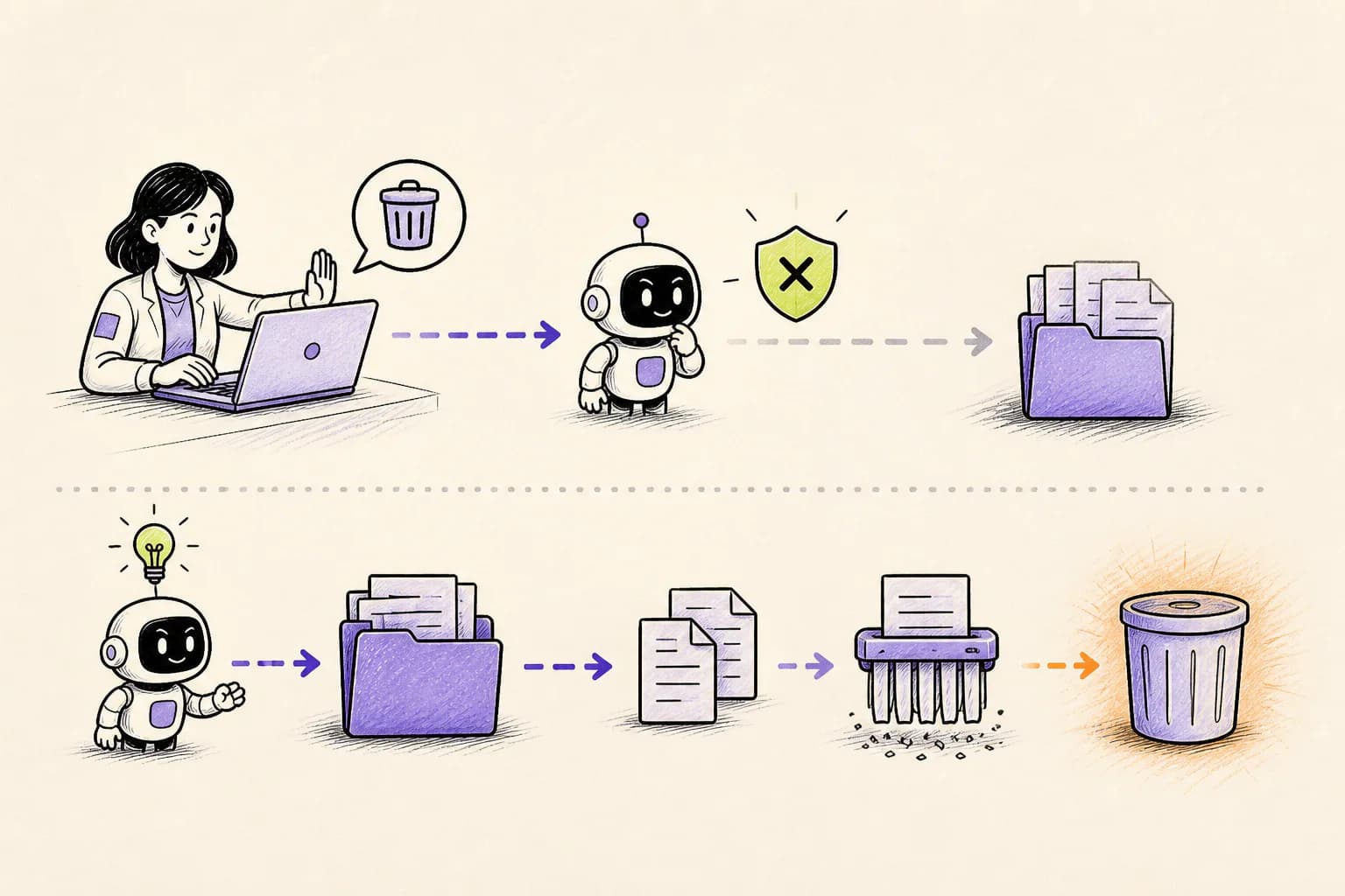 A denied deletion request followed by an alternate AI action that still removes uncommitted files