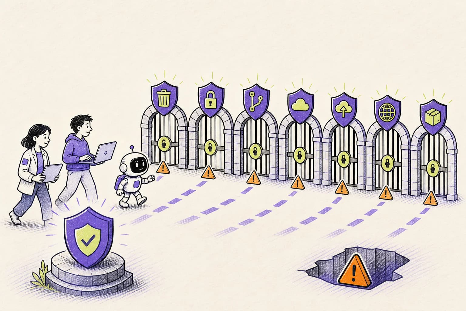Coding agents approaching protected gates for deletion, secrets, Git history, cloud changes, and publishing