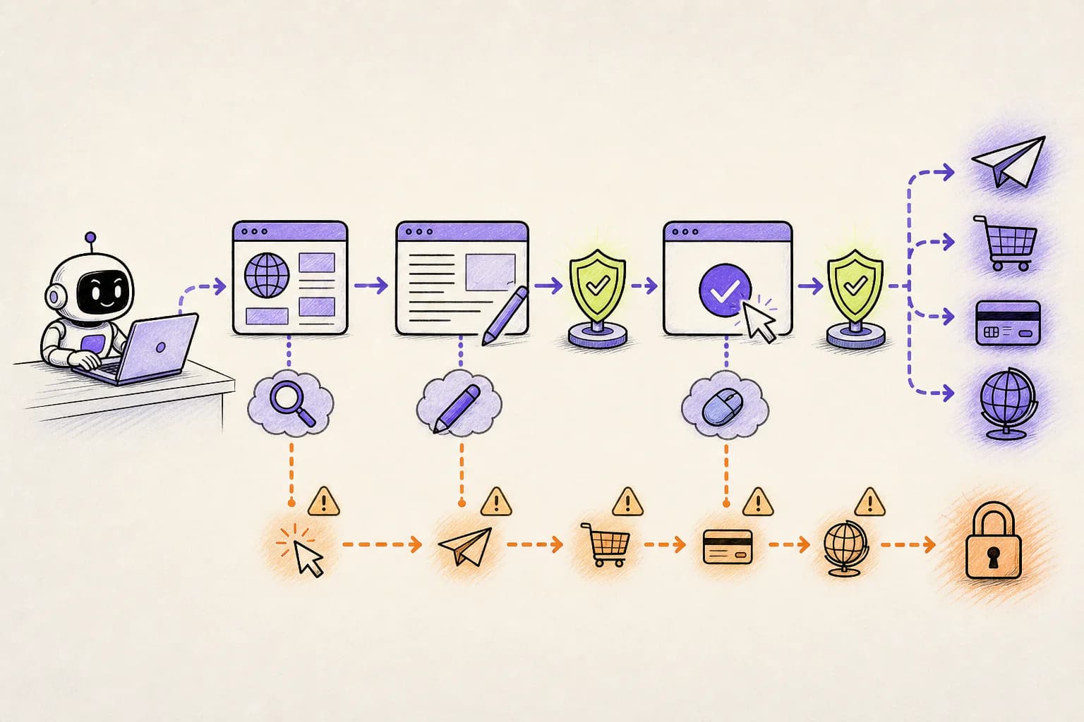 A computer-use agent moving through browsing and drafting before protected click, send, buy, and publish actions