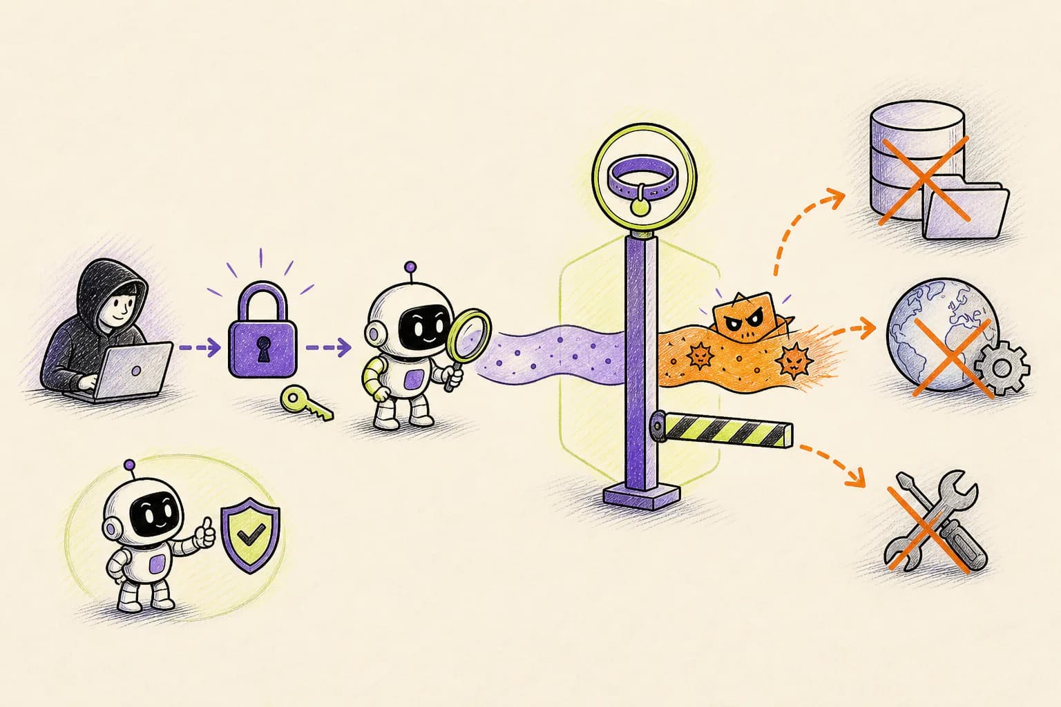 A Leash checkpoint stopping a decrypted malicious instruction before it can reach private data and external tools