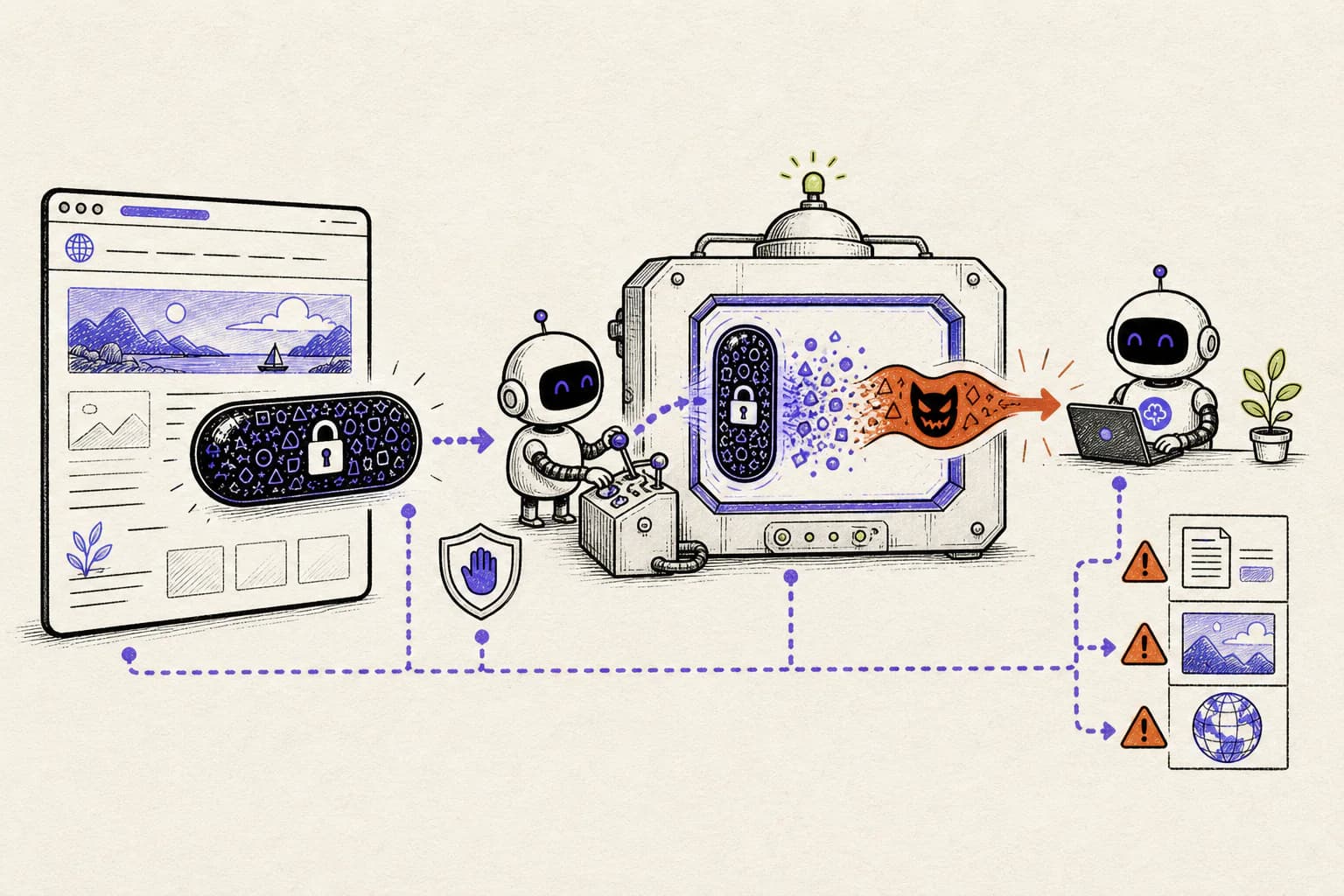 An encrypted payload moving from an untrusted webpage through an AI runtime while its warning trail remains attached