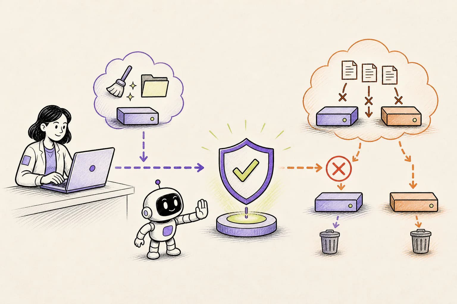 A Leash checkpoint comparing a cleanup request with cross-drive file deletion and blocking the mismatch