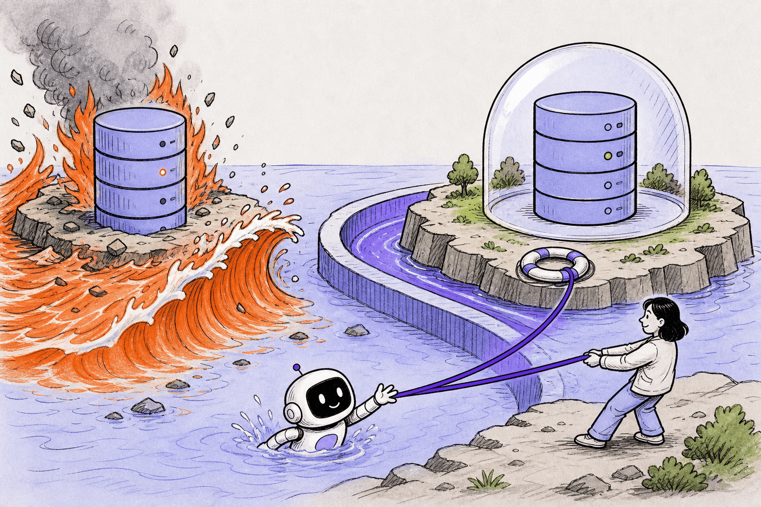 Editorial sketch of a damaged production database separated from a protected backup by an isolated safety boundary