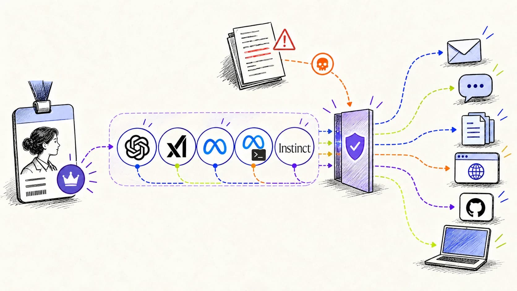 Hand-drawn map linking an employee identity to OpenAI dots, Grok Bot, Meta Muse, Muse Code, and Instinct before their actions reach company systems