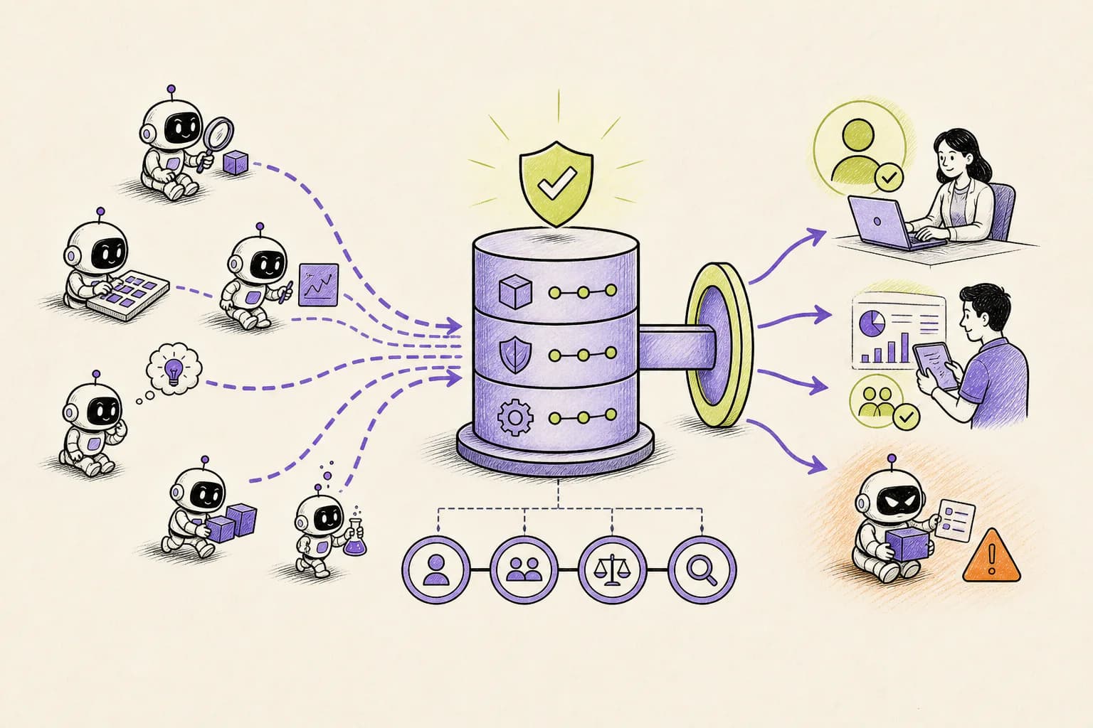 Many experimental AI agents passing through one shared inventory and action-control layer