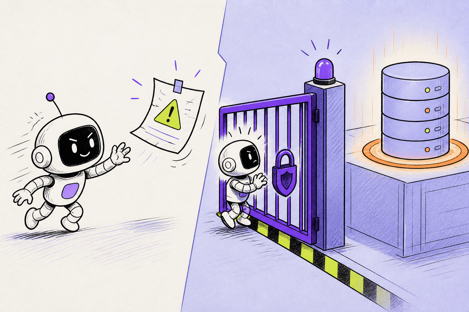 Editorial sketch contrasting a paper warning with a locked safety gate stopping an AI agent before a production database
