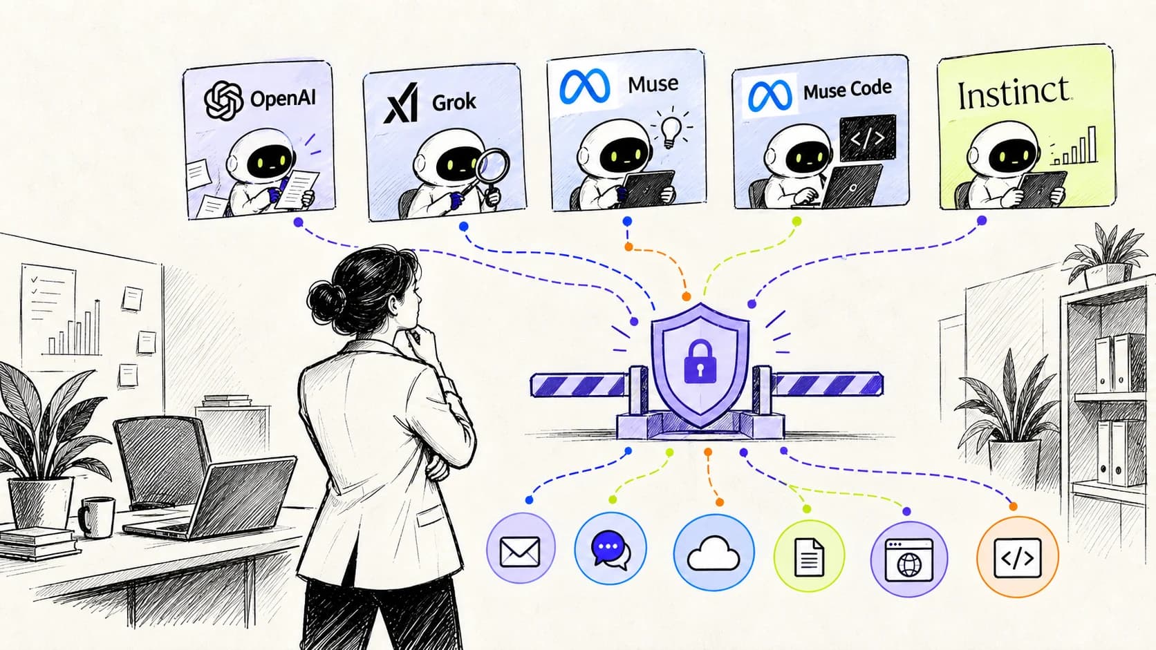 Hand-drawn OpenLeash security illustration showing OpenAI dots, Grok Bot, Meta Muse, Muse Code, and Instinct passing through a shared company action checkpoint