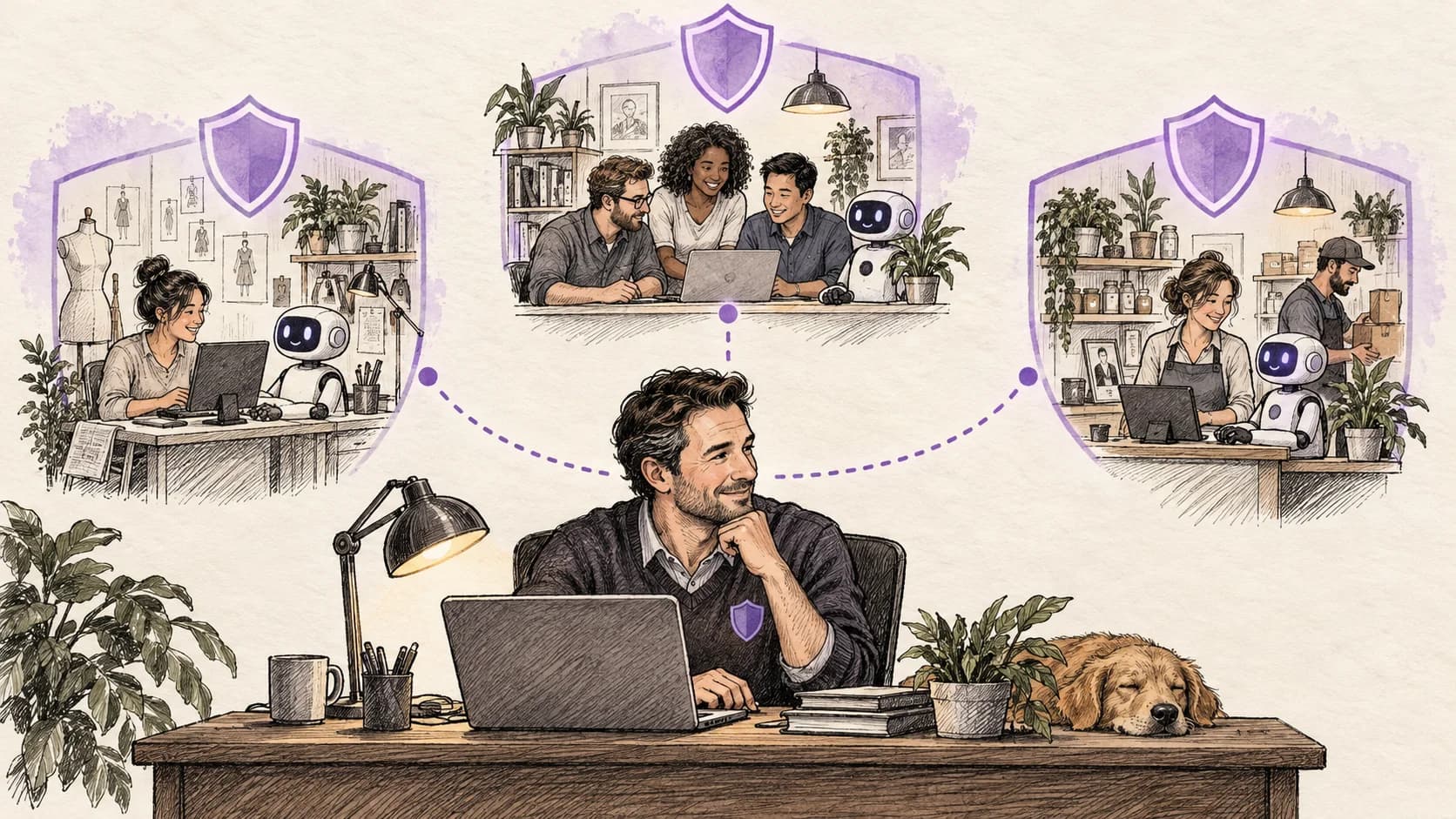 Ink sketch of a security service professional helping three separate small businesses protect their AI assistants